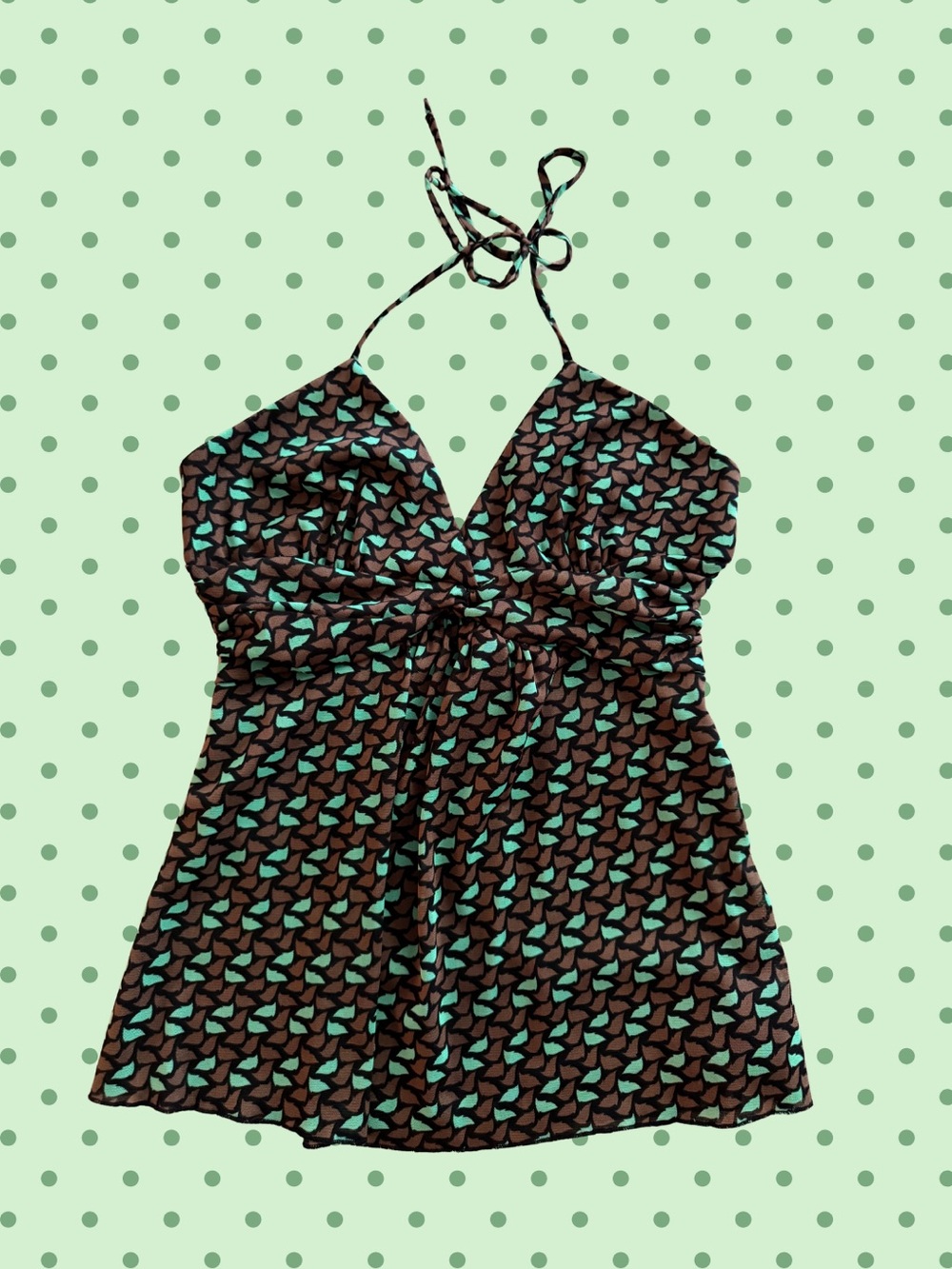 Halter Tank Top in Brown with Teal Geometric Print
